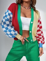V Neck Colorblock Checkerboard Cardigan M