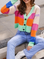 V Neck Colorblock Stripes Button Up Cardigan