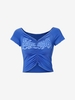 V Neck Cropped Graphic Ruched Tee L Blue