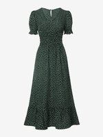 V Neck Dotted Puff Sleeve Midi Dress S Deep green
