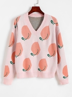 V Neck Drop Shoulder Fruit Graphic Sweater S Light pink