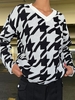 V Neck Drop Shoulder Houndstooth Sweater M Black