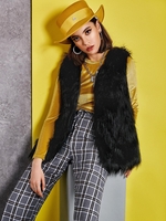 V Neck Hook-and-eye Front Faux Fur Gilet M Black