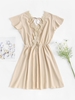 V Neck Lace Chiffon Solid Color Backless Dress M Light coffee