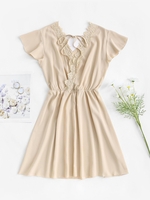 V Neck Lace Chiffon Solid Color Backless Dress S Light coffee