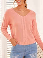 V Neck Lace Up Cable Knit Sweater S Light pink