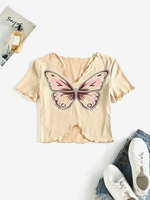 V Neck Lettuce Trim Butterfly Cropped Tee L Light coffee