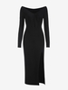 V Neck Long Sleeves Slinky High Slit Midi Dress L Black