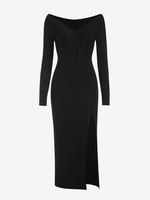 V Neck Long Sleeves Slinky High Slit Midi Dress L Black