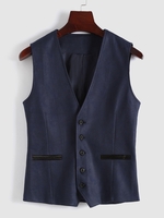 V Neck Mock Pocket Faux Suede Buckle Back Vest S Deep blue
