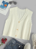 V Neck Pointelle Knit Scalloped Cardigan Vest White