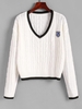 V Neck Preppy Stripes Badge Patched Sweater L White