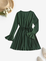 Waist Drawstring Poet Sleeve Surplice Dress L Green