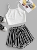 Waist Tie Striped Two Piece Set L Black