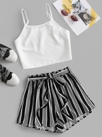 Waist Tie Striped Two Piece Set L Black