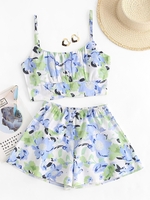 Watercolor Flower Ruched Cami Top and Shorts Set S Light green