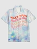 Watercolor Tie Dye Letter Print Graphic Short Sleeve Button Up Festival Shirt M Pastel blue