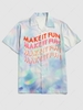 Watercolor Tie Dye Letter Print Graphic Short Sleeve Button Up Festival Shirt Xl Pastel blue