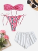 Watermelon Speckled Bandeau String Bikini With Tulip Side Beach Shorts Ribbed Three Piece Set Light pink