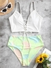 Women Tankinis ZAFUL Ribbed Lace Up Tie Dye High Cut Tankini Swimwear S White