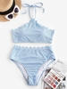 Women Tankinis ZAFUL Ribbed Scalloped Halter High Waisted Tankini Swimwear S Light blue