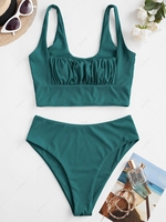 Women Tankinis ZAFUL Square Ribbed Ruched Tankini Swimwear S Greenish blue