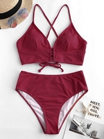 Women Tankinis ZAFUL Textured Crisscross High Cut Tankini Swimsuit Xl Red wine