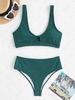 Women Tankinis ZAFUL Textured Cutout High Cut Plunge Tankini Swimwear Xl Deep green
