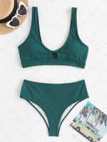 Women Tankinis ZAFUL Textured Cutout High Cut Plunge Tankini Swimwear Xl Deep green