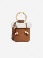 Wooden Handle Faux Fur Spliced Bucket Bag