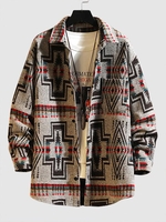 Wool Blend Ethnic Aztec Printed Pocket Vintage Shirt Jacket 2xl Beige