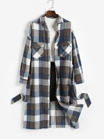 Wool Blend Plaid Pocket Belted Longline Coat S Deep blue