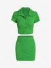 Wrinkle Textured Button Up Collared Top and Skirt Set M Deep green