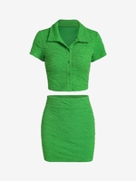 Wrinkle Textured Button Up Collared Top and Skirt Set S Deep green