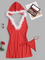Xmas Hooded Feather Trim Babydoll Set L Red
