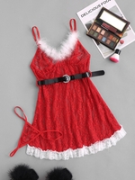 Xmas Lace Feather Trim Belted Babydoll Set L Red