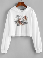 ZAFUL Drawstring Tiger Print Cropped Hoodie M White