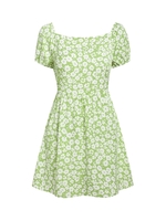ZAFUL Floral Print Lace Up Backless Puff Sleeve Dress L Light green