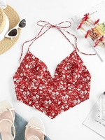 ZAFUL Halter Floral Print Back Tie Plunge Crop Top L Red