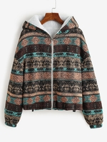 ZAFUL Hooded Tribal Ethnic Aztec Printed Faux Fur Lined Coat S Deep brown