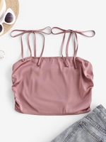 ZAFUL Tie Shoulder Ruched Smocked Satin Crop Top Xl Rosy brown