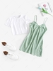 ZAFUL Basic T-shirt and Floral Cami Sundress Set L Light green
