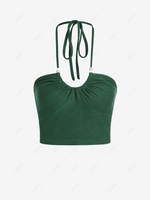 ZAFUL Beaded Halter Open Back Ruched Tank Top S Deep green