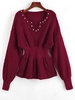 ZAFUL Beading Drop Shoulder Smocked Sweater S Red wine
