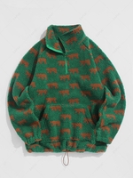 ZAFUL Bear Animal Print Raglan Sleeves Half Zip Pocket Faux Sherpa Fluffy Teddy Fall Winter Pullover Sweatshirt Xxl Deep green