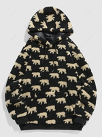 ZAFUL Bears Pattern Fluffy Faux Shearling Drawstring Hoodie M Black