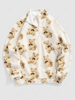 ZAFUL Bears Pattern Fuzzy Faux Shearling Stand Collar Sweatshirt L White