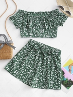 ZAFUL Belted Ditsy Floral Off Shoulder Two Piece Set M Shamrock green
