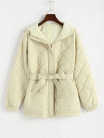 ZAFUL Belted Hooded Zip Up Quilted Padded Coat M Light coffee