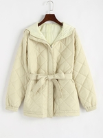 ZAFUL Belted Hooded Zip Up Quilted Padded Coat S Light coffee